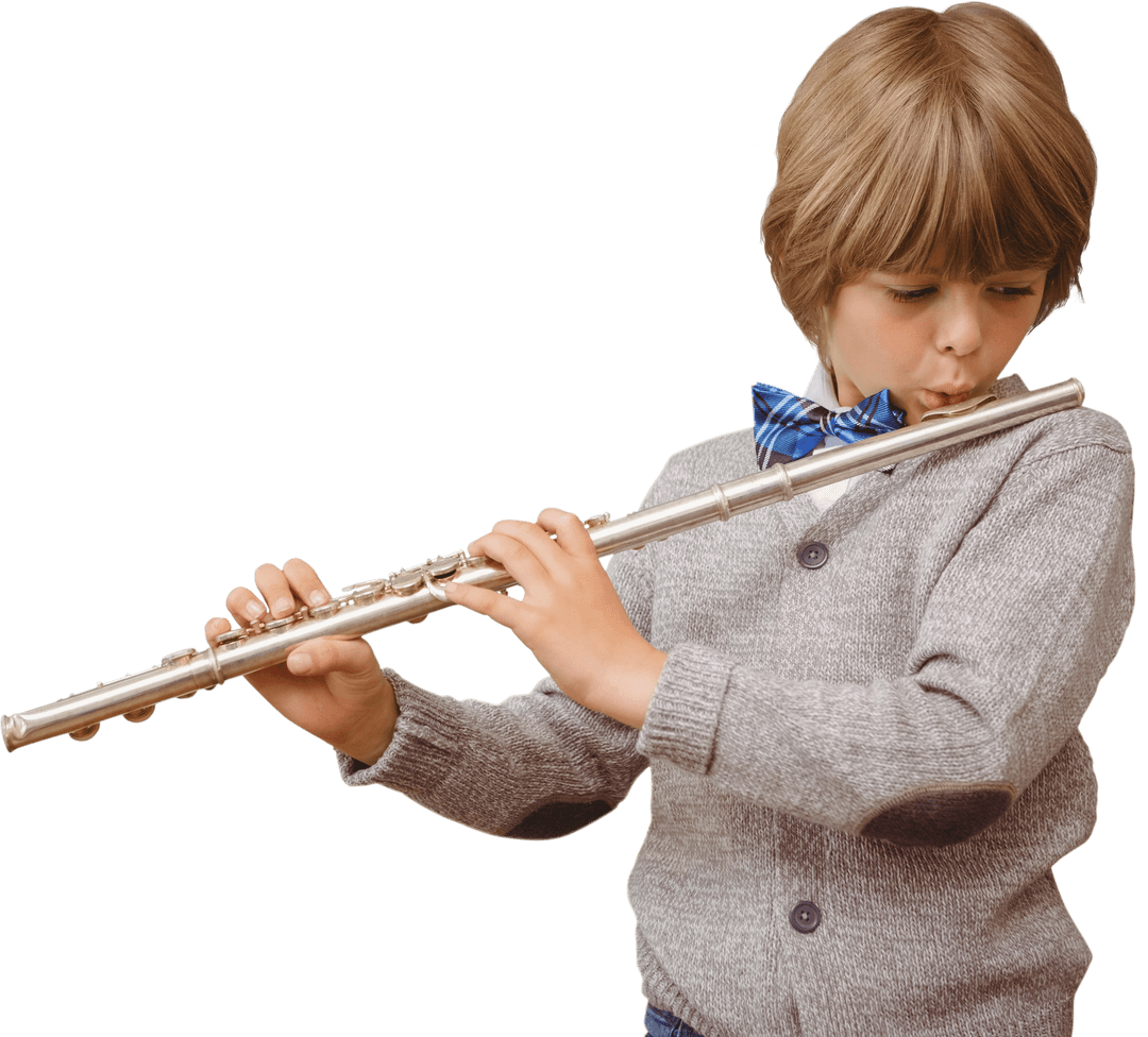 Young Boy Playing Flute on Transparent Background