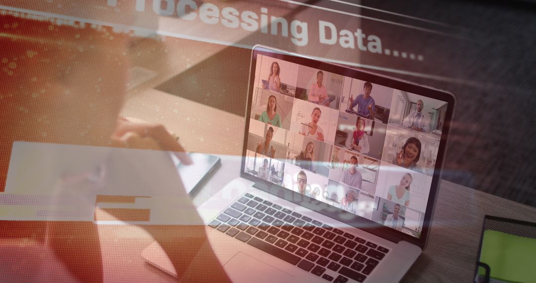 Businesswoman in Virtual Meeting with Data Overlay