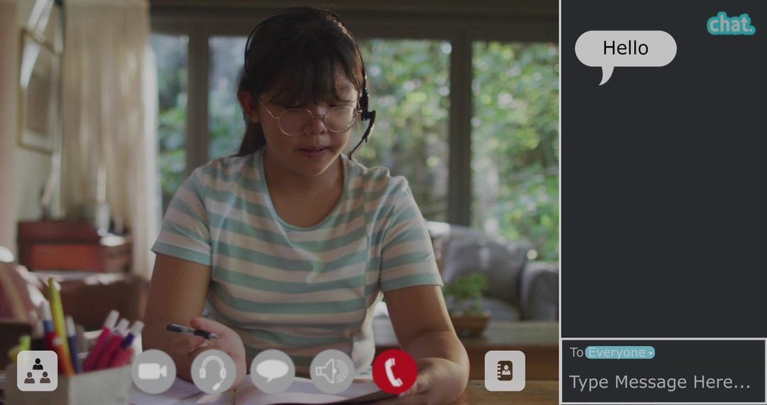 Asian Girl Wearing Headset Studying Remotely with Chat Interface
