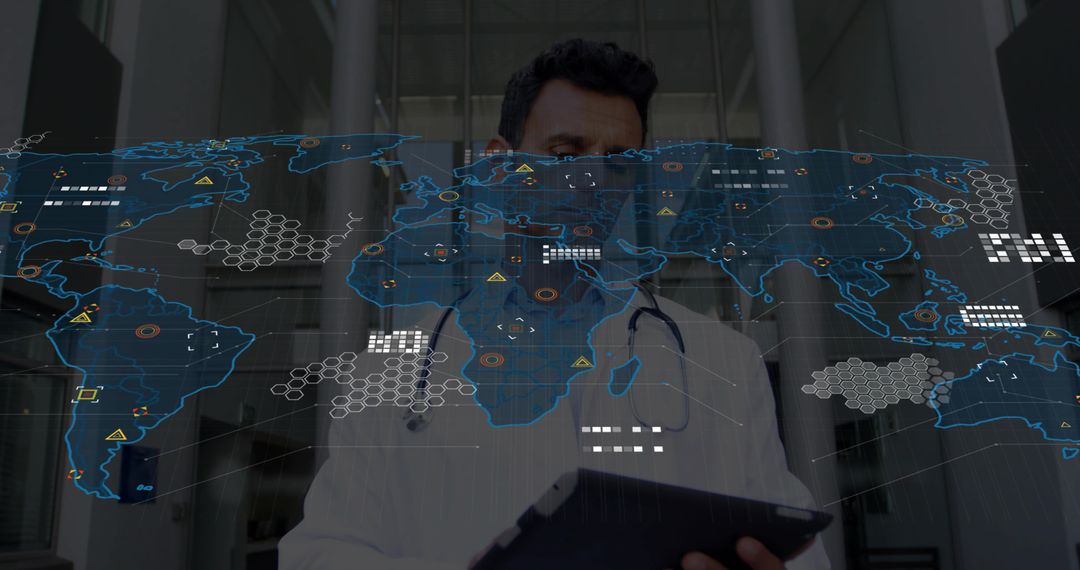 Doctor Analyzing Digital World Map Interface with Tablet Technology