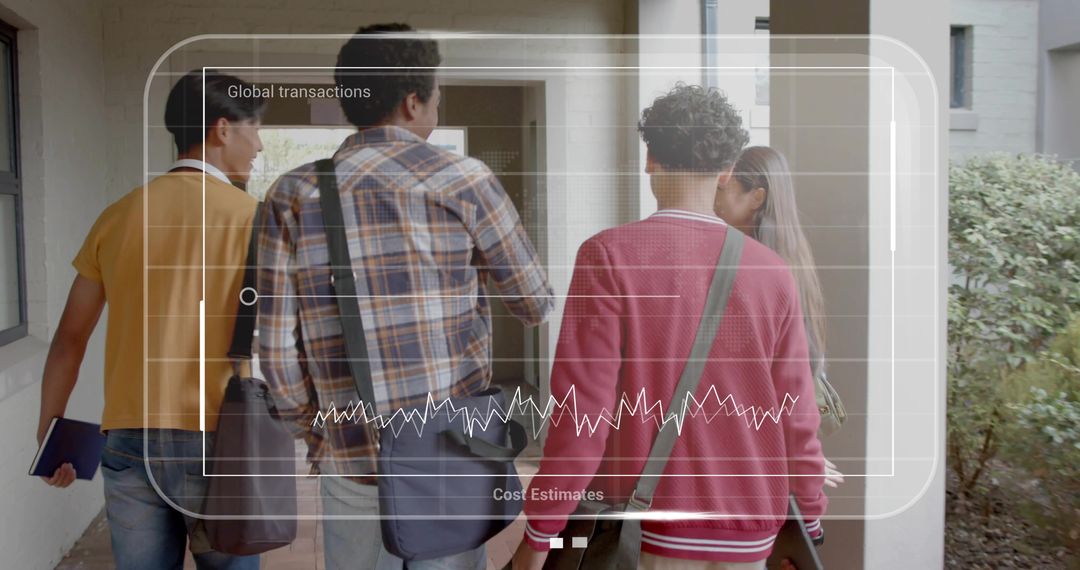 Walking students on campus corridor carrying backpacks and notebooks with HUD data overlay