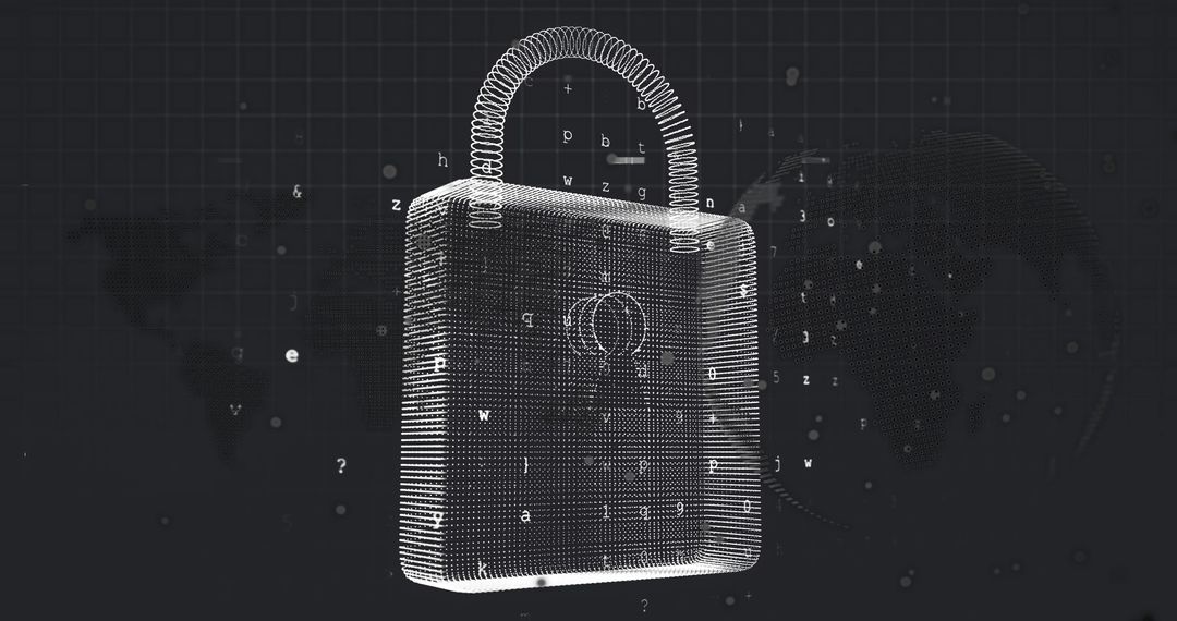 3D Wireframe Padlock on Virtual Grid in High-Tech Digital Environment
