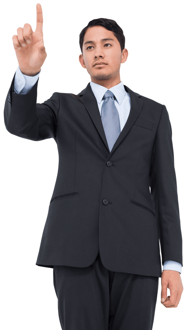 Transparent Focused Asian Businessman in Suit Touching Virtual Screen