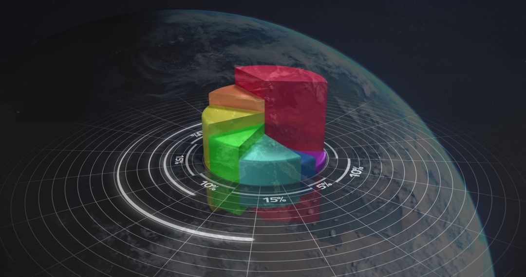 3D Colorful Pie Chart Above Earth Representing Global Business Data