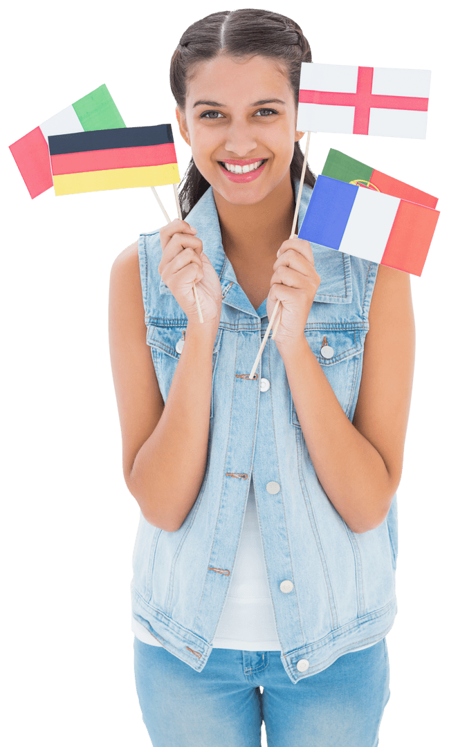 Happy Woman Holding Flags on Transparent Background