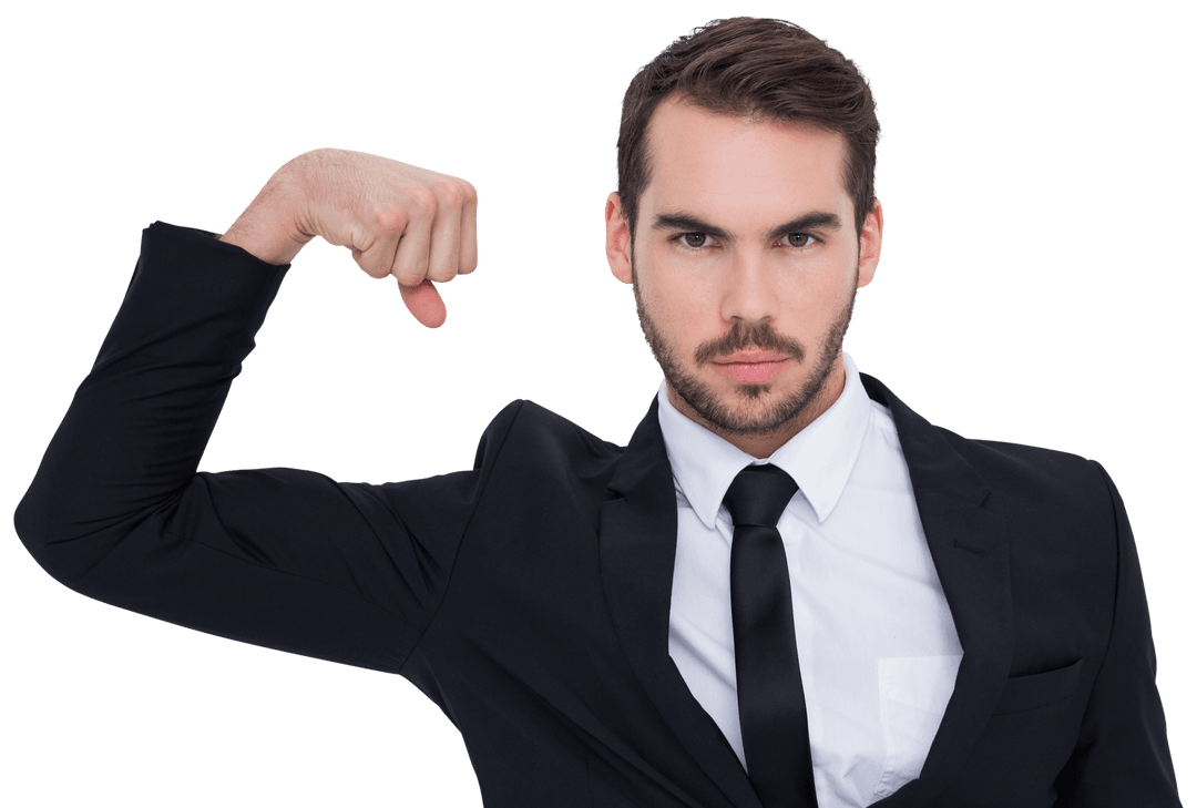 Businessman Tensing Arm Muscle for Strength and Confidence