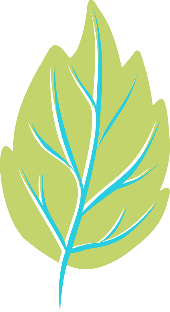 Stylized Light Green Leaf with Bright Blue Veins on Transparent Background