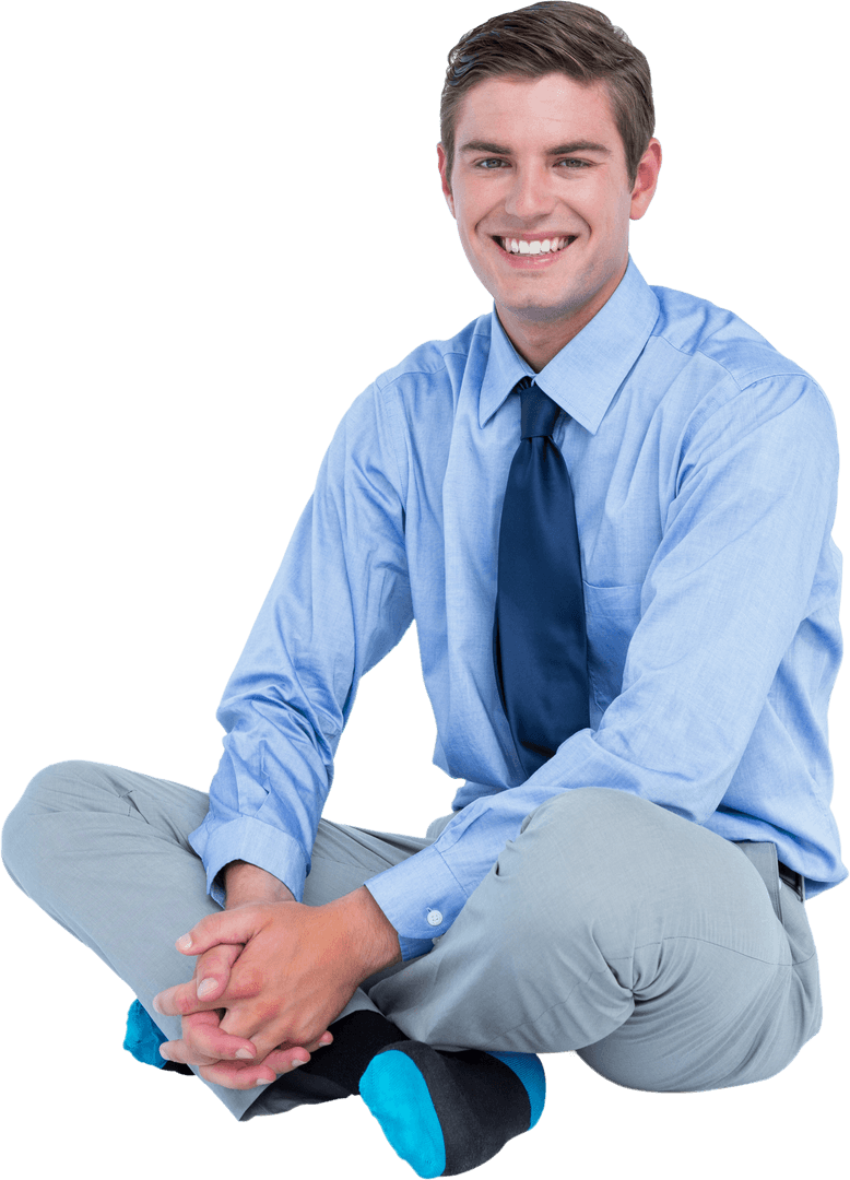 Smiling Businessman Sitting Cross-legged in Transparent Background