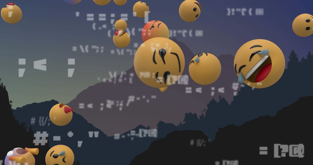 Floating Emojis Over Mountain Landscape Computer Interface Concept