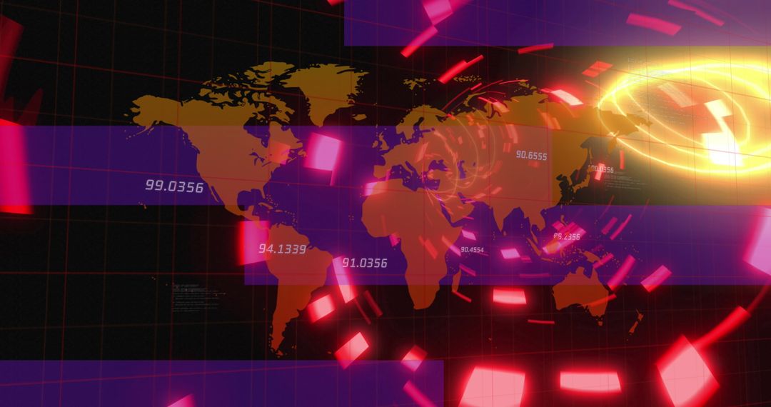 Futuristic world map with dynamic digital interface elements