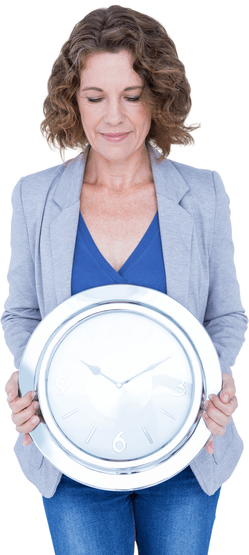 Smiling Businesswoman Holding Clock Panel on Transparent Background