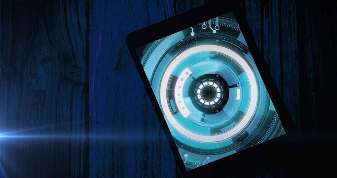 Futuristic Digital Interface on Tablet Screen with Blue Scanner