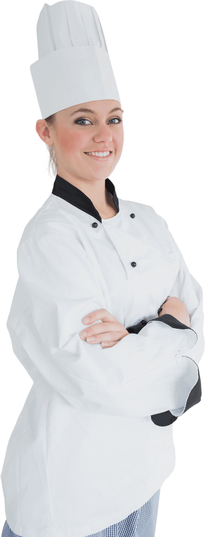 Confident Female Chef Smiling in Traditional Uniform with Transparent Background