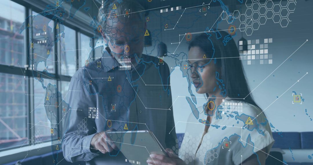 Global Network Overlay with Professionals Collaborating on Tablet