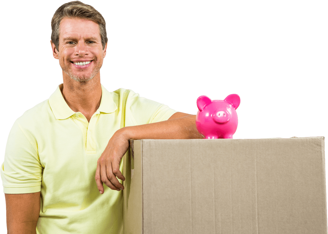 Man with Pink Piggy Bank on Cardboard Box Transparent Background