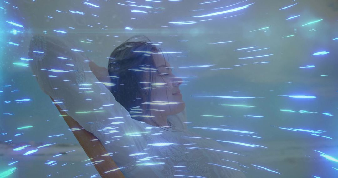 Relaxed Man Leaning on Beach with Soothing Light Streaks