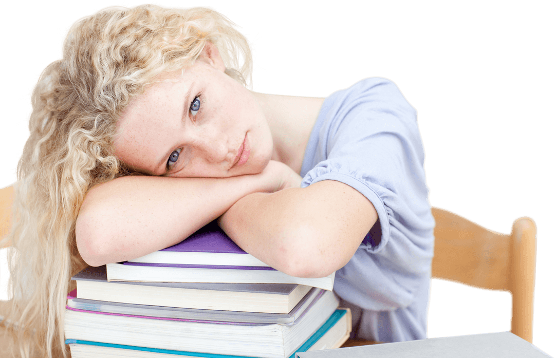 Tired Teenager Resting on Books in Library with Transparent Background