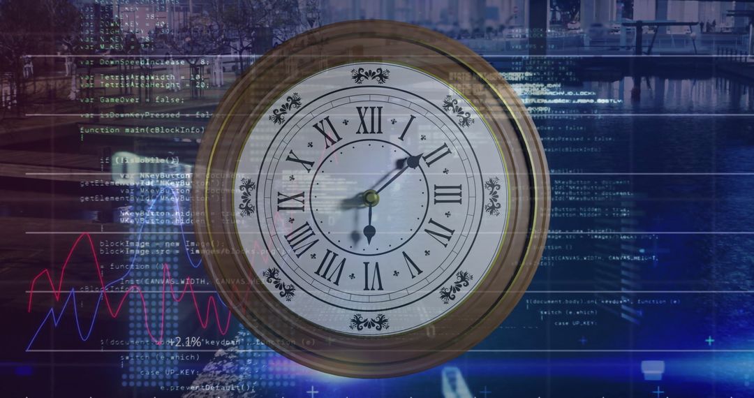 Digital Interface with Clock Overlaying Cityscape Symbolizing Time Management