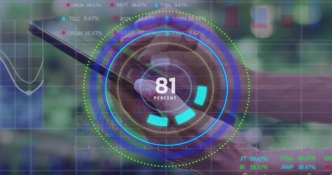 Mature woman using smartphone with augmented reality data HUD displaying 81 percent