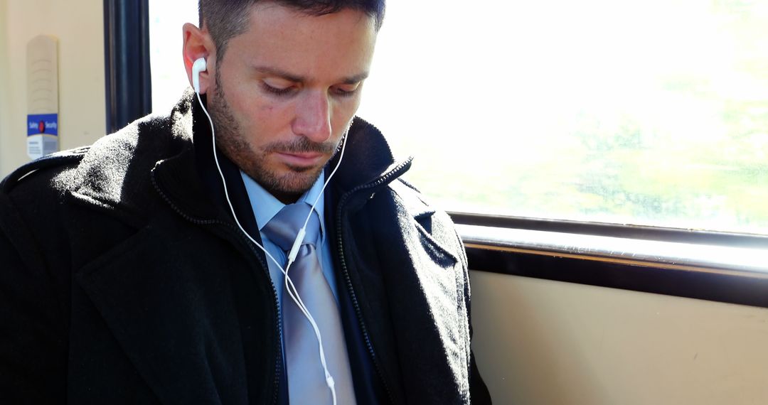 Businessman Listening to Music on Train with Headphones - Free Images, Stock Photos and Pictures on Pikwizard.com