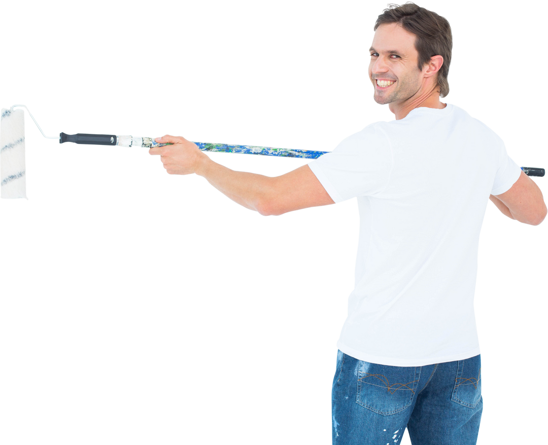 Happy Man Using Paint Roller Isolated Transparent Background - Download Free Stock Images Pikwizard.com