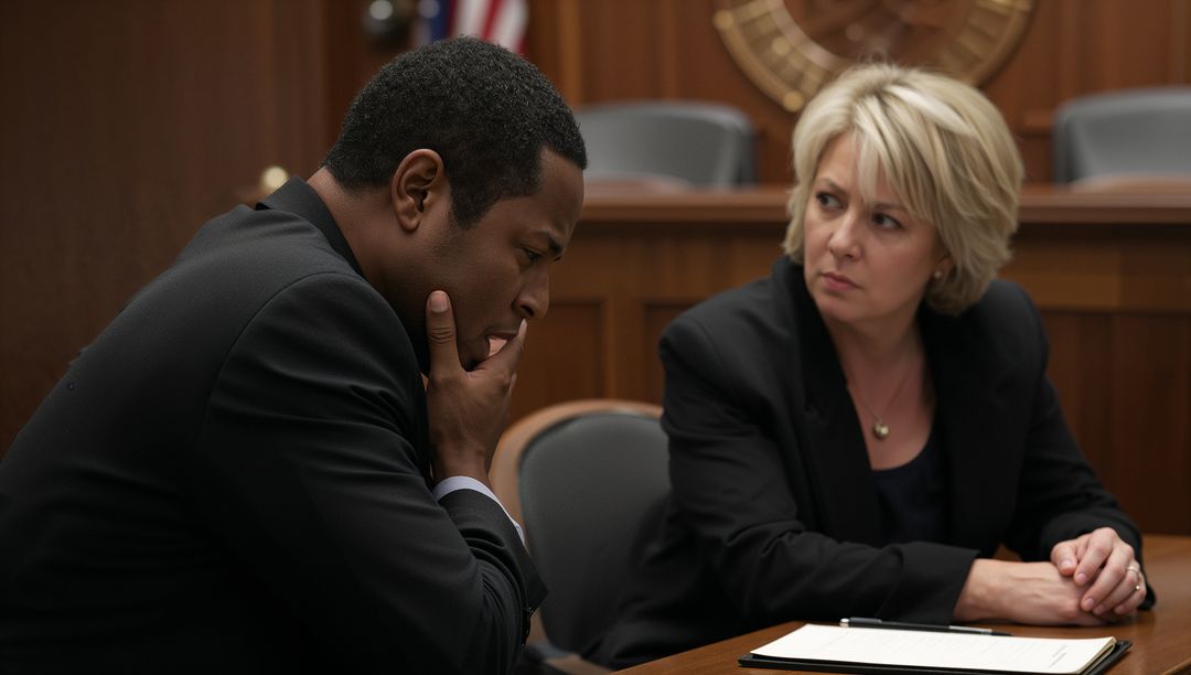 Attorney consulting worried client during tense courtroom hearing at counsel table