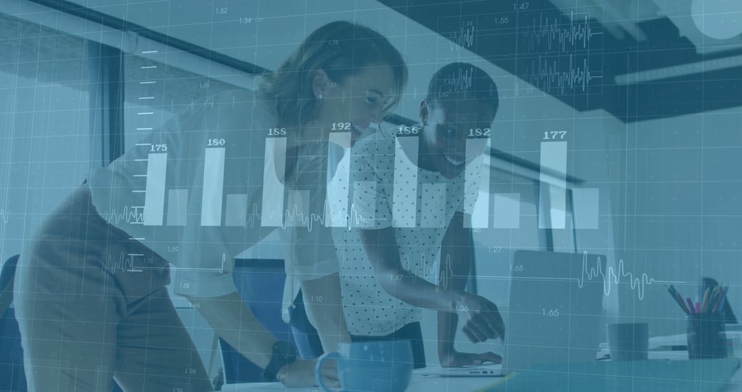 Business Professionals Engaging in Data Analysis with Financial Overlay