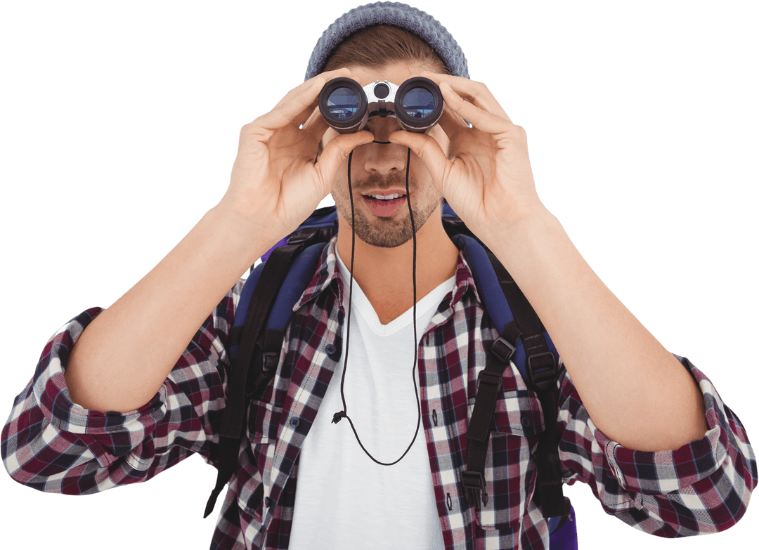 Transparent Image of Young Traveler Looking Through Binoculars