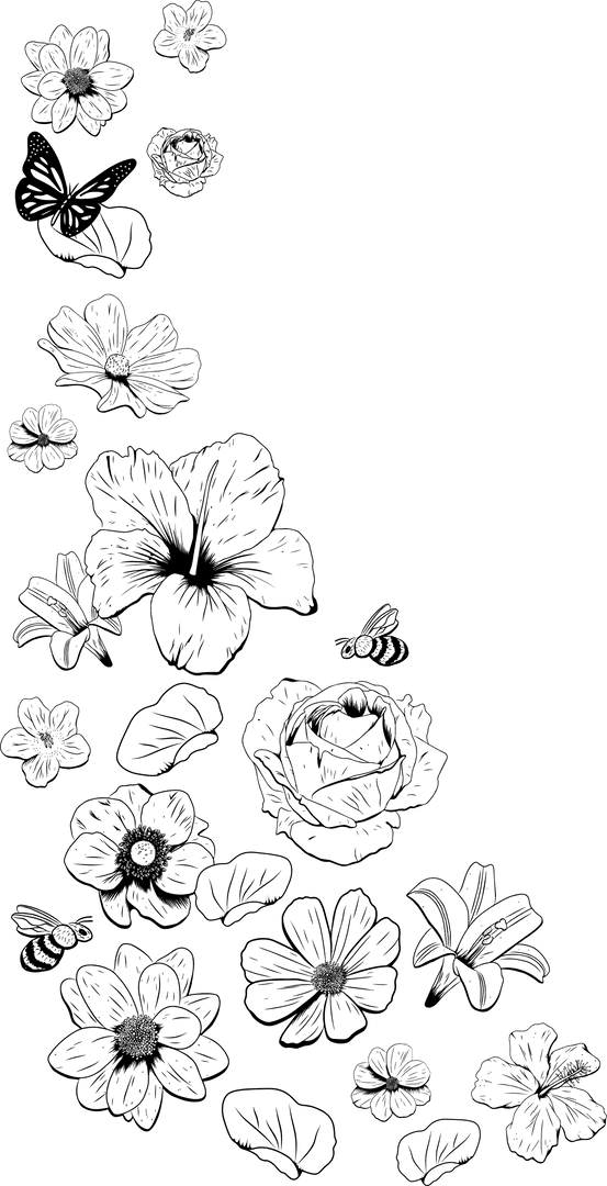 Hand-Drawn Floral Cascade on Transparent Background with Butterfly Motifs