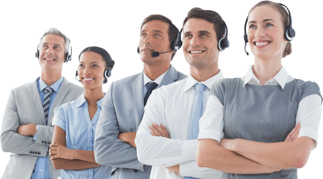 Transparent Professionals with Headsets Collaborating in Line