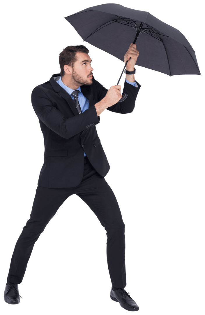 Businessman Shielding from Rain with Umbrella Transparent Background