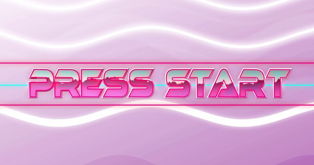 Neon Press Start Sign with Retro Waves on Pink Background