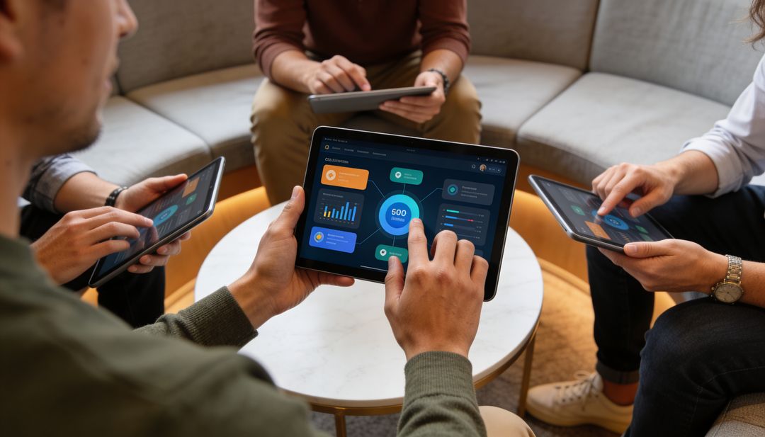 Team Collaborating on Tablet Data Dashboard in Casual Office Lounge for Business Analytics