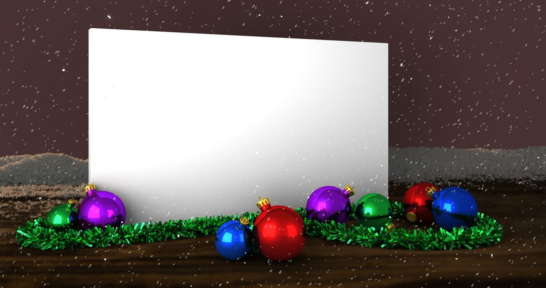 Blank Card with Christmas Ornaments and Falling Snow