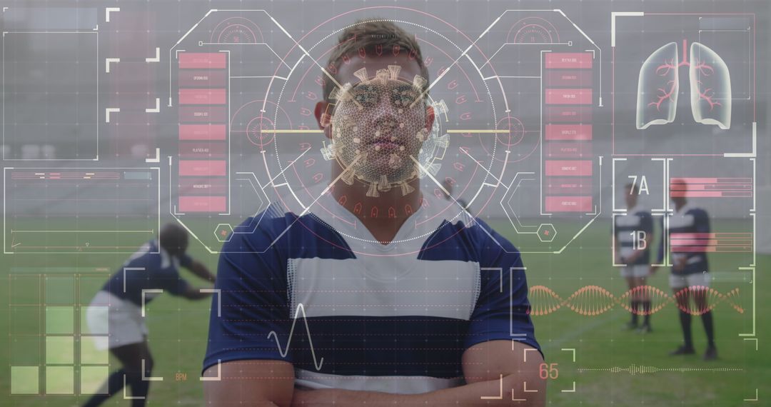 Confident Athlete with Digital Health Metrics Overlay on Soccer Field