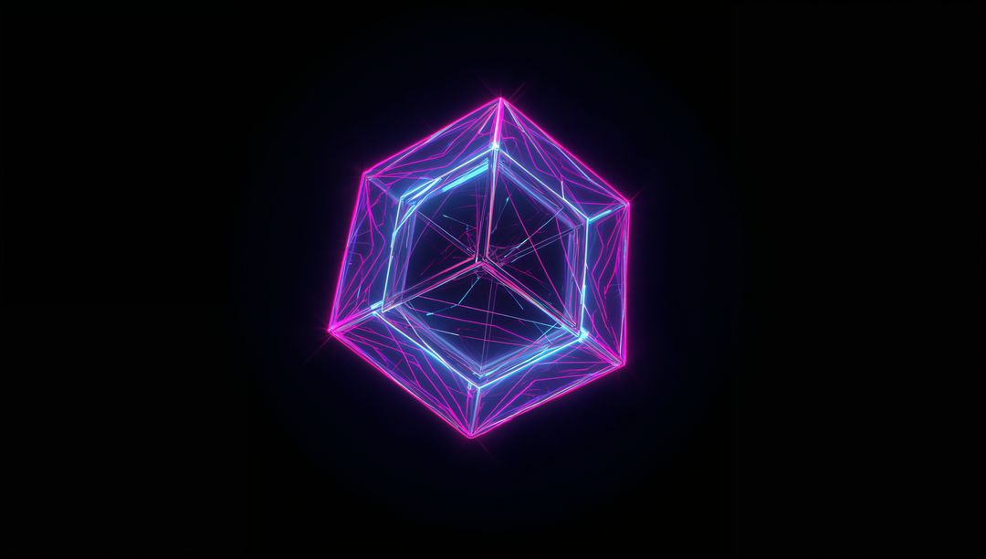 Futuristic Neon Wireframe Polyhedron in Digital Void