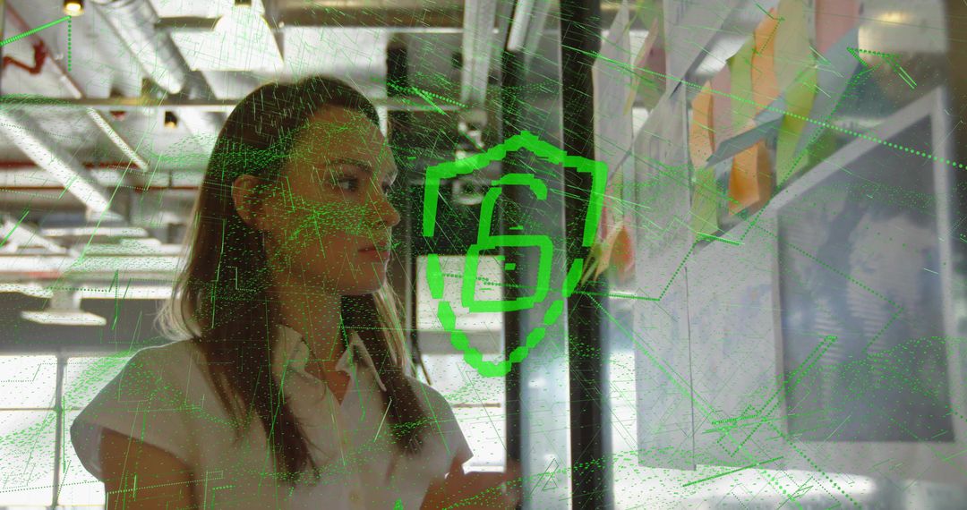 Woman Collaborating on Whiteboard with Cybersecurity Concept