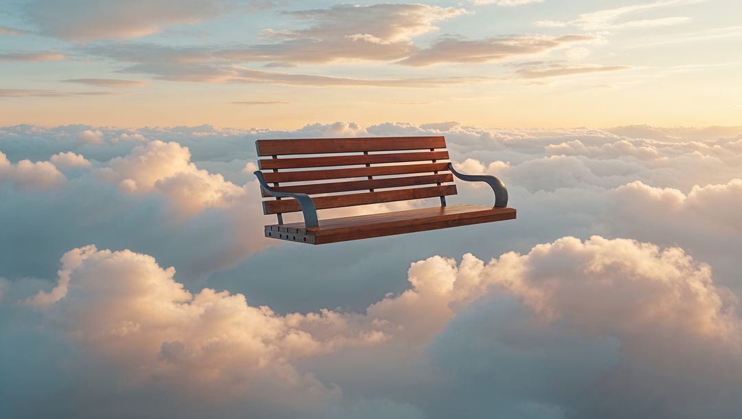 Surreal Floating Wooden Park Bench Above Clouds Dreamscape