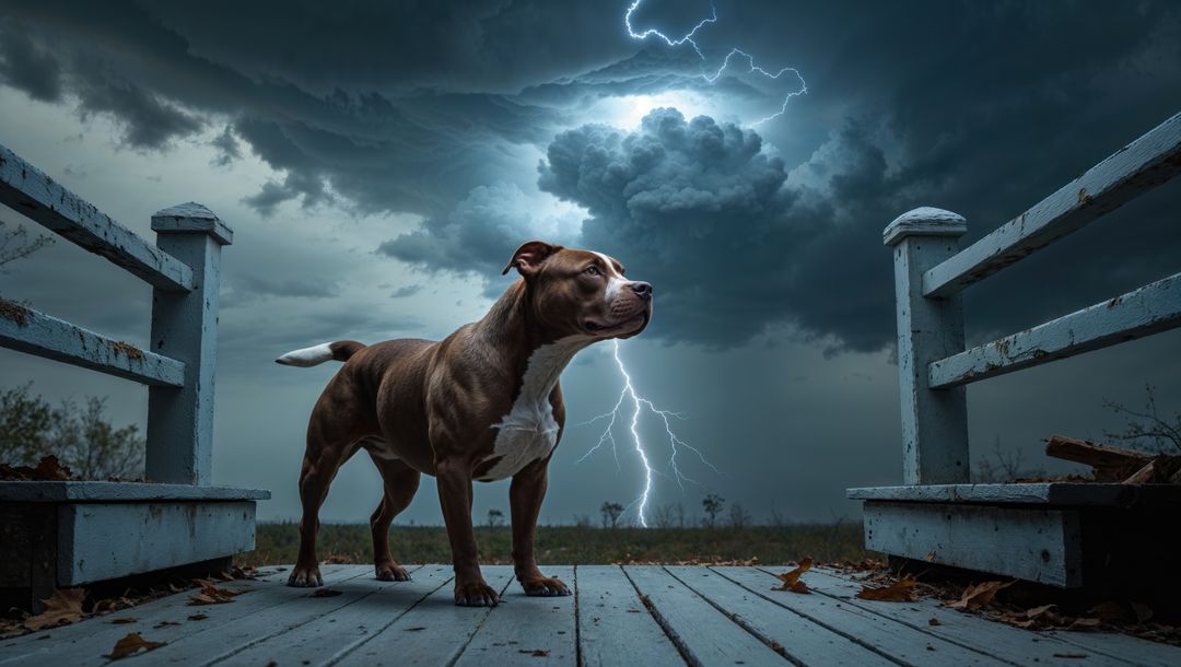 Pitbull dog standing on deck during thunderstorm with lightning in background