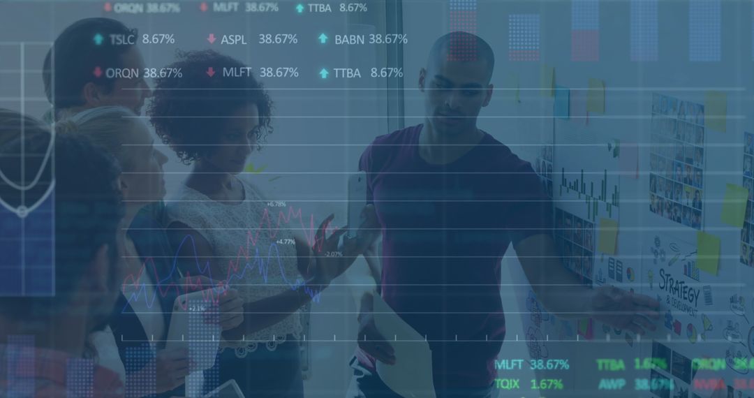 Business Team Analyzing Data with Overlay of Charts and Graphs