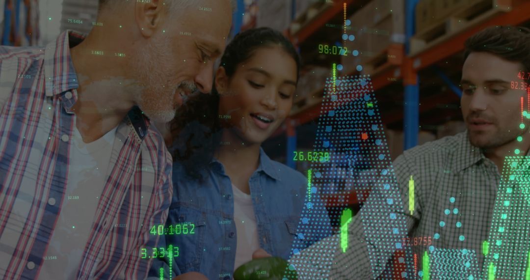 People in Warehouse with Financial Data Overlay Indicating Global Business Dynamics