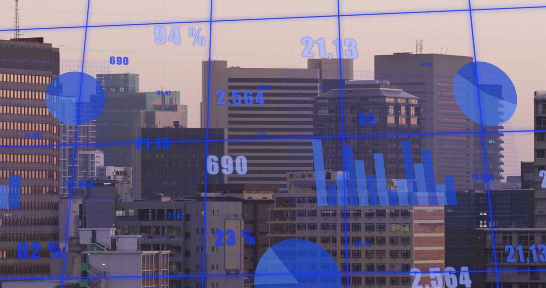 Cityscape Analysis with Overlaid Statistical Data Visualizations