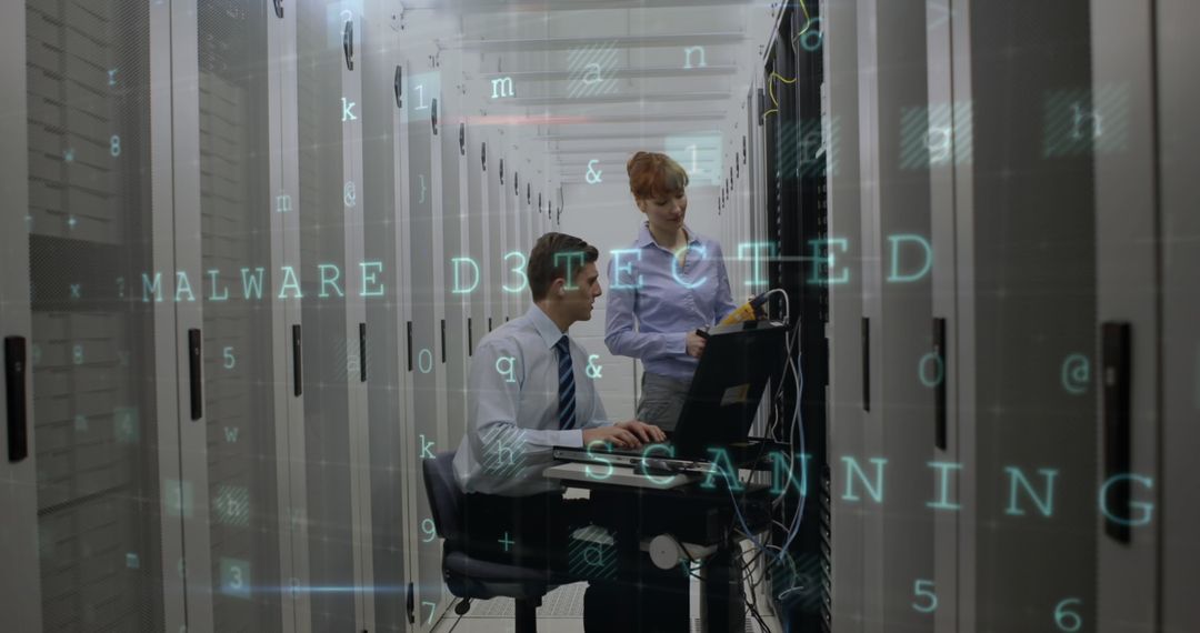 Cybersecurity Experts Analyzing Server Room Data
