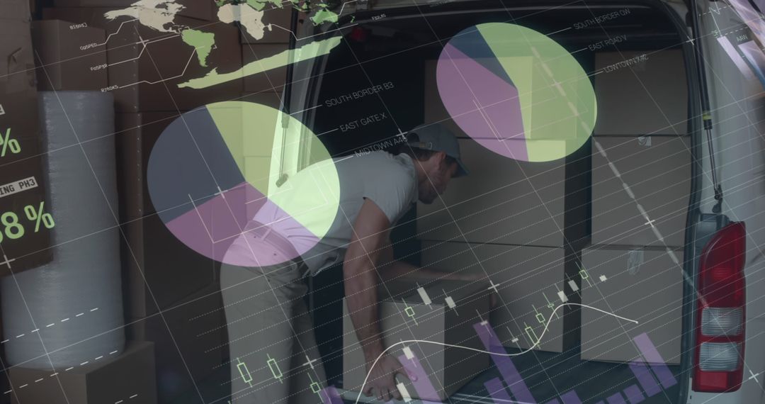 Data Overlay on Delivery Man Packing Van with Boxes