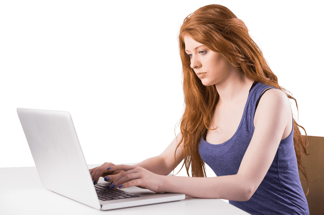 Transparent Background Redhead Typing on Laptop