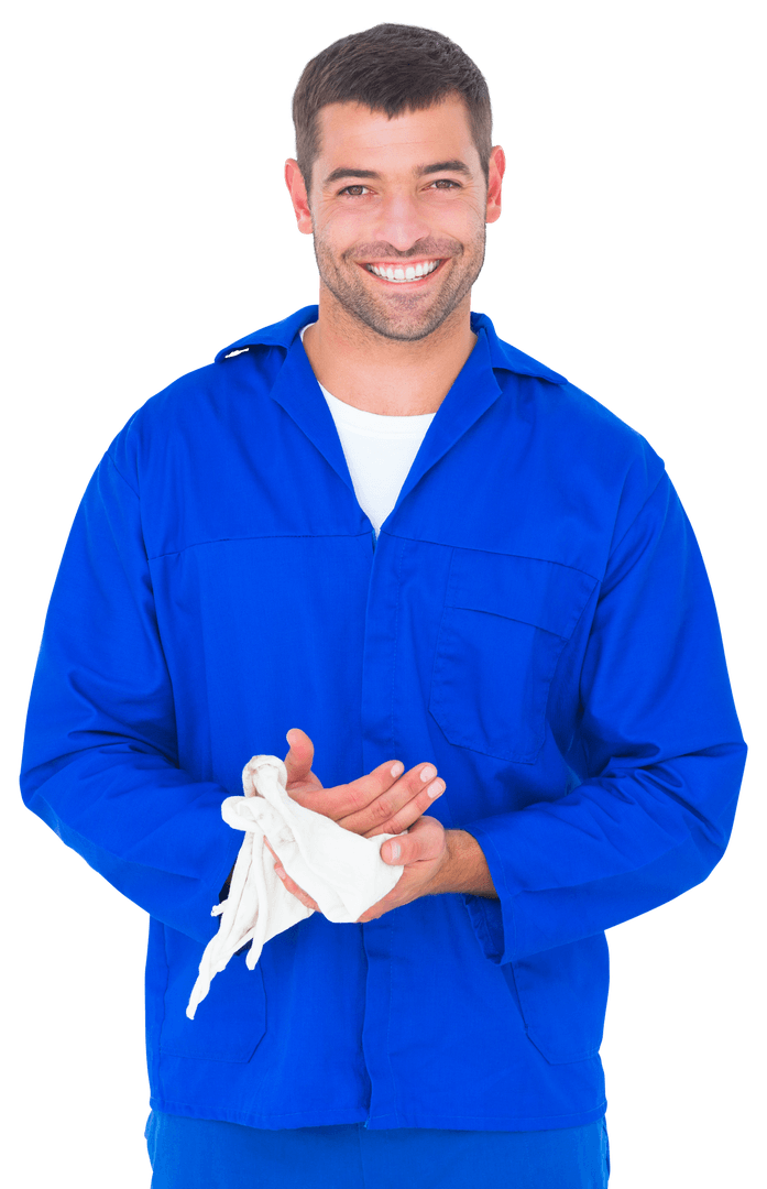 Smiling Male Mechanic in Blue Jumpsuit Wiping Hands Transparent Background