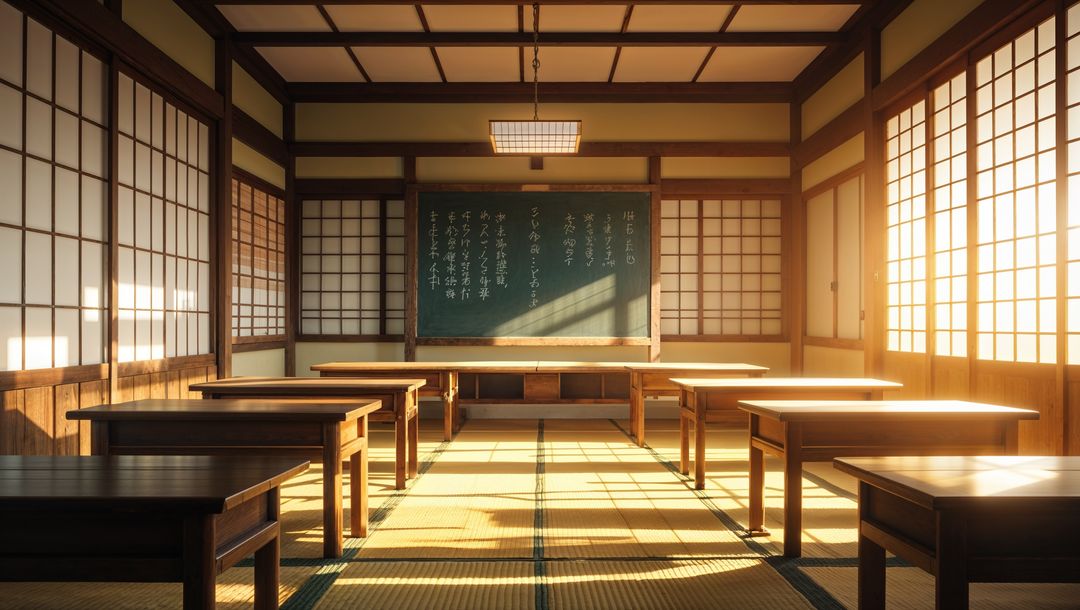 Traditional Japanese Classroom with Shoji Windows and Chalkboard