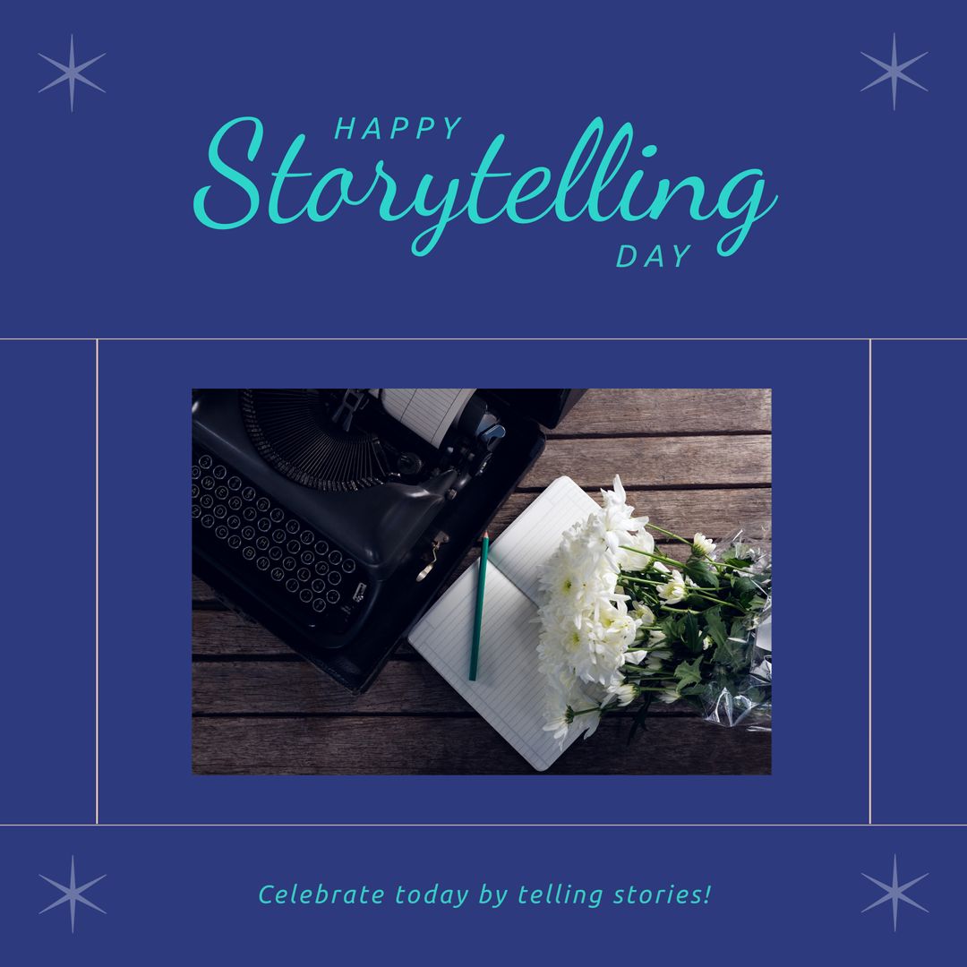 Creative Storytelling Day Concept with Typewriter and Flowers
