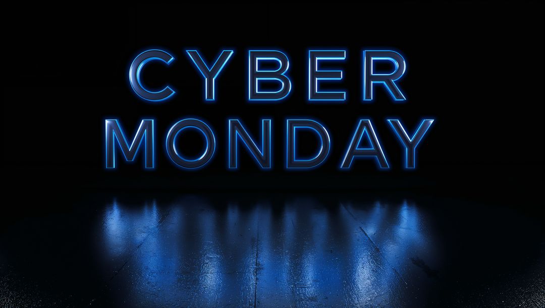 Glowing Blue Neon Cyber Monday Text with Wet Concrete Floor Reflection