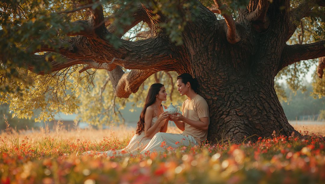 Romantic Couple Enjoying Tea Together Under Tree